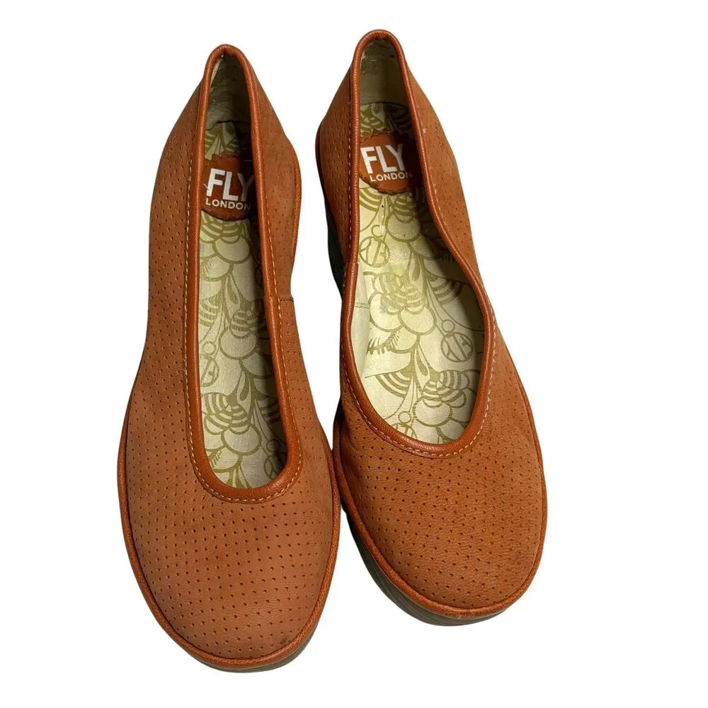 Fly London Leather Wedge Shoe Pump Slip On Women Orange 40 US 10